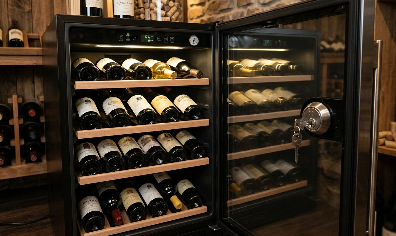 Wine bottles stored in a temperature-controlled wine cooler with visible door lock