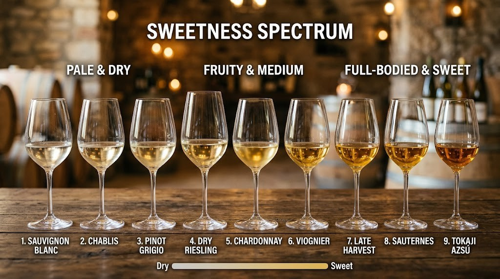 Wine glasses ranging from pale dry white to rich golden dessert wine showing sweetness spectrum