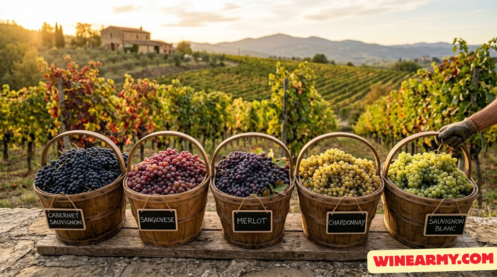 Wine grapes of different varieties in harvest baskets ready for winemaking