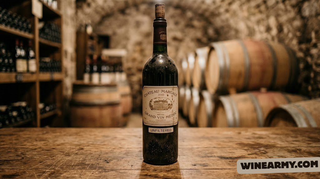 Wine sediment visible at the bottom of a dark wine bottle